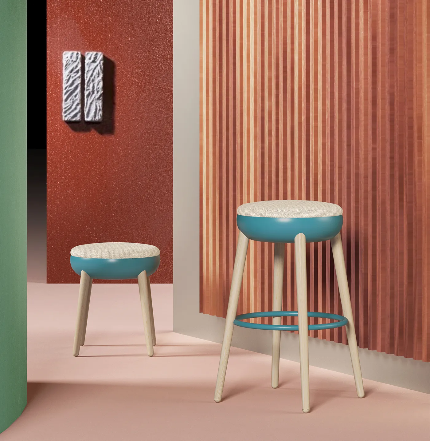 Pokè stools in fabric and wood